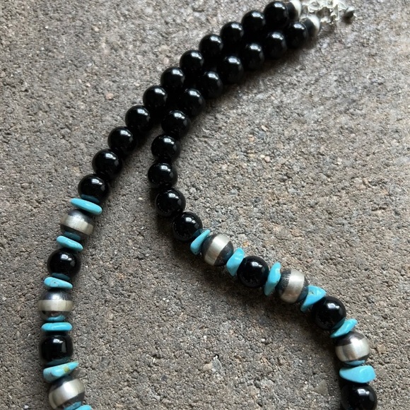 Sterling Silver Black Onyx Turquoise Bead Necklace. 18 Inch - Picture 4 of 12